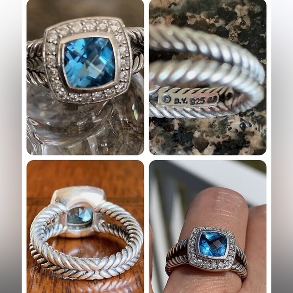 David Yurman Silver Petite Albion Blue Topaz Pave Diamonds Cable Ring, Size 5 - Picture 2 of 2